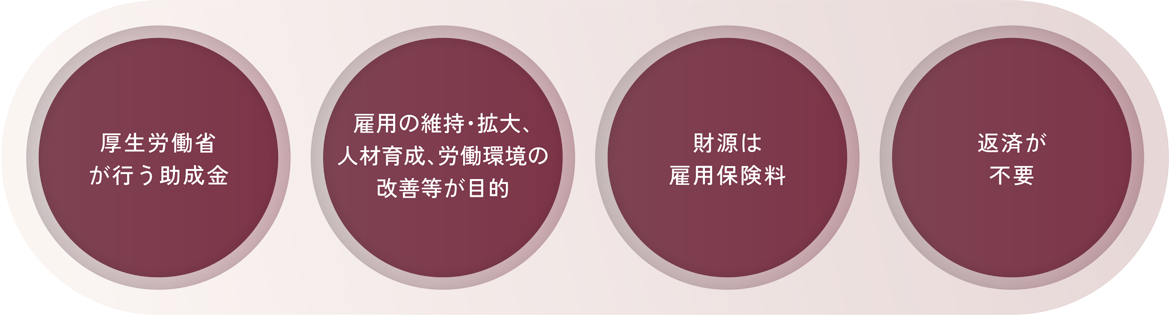 厚生労働省が行う助成金 雇用の維持・拡大、人材育成、労働環境の改善等が目的 財源は雇用保険料 返済が不要